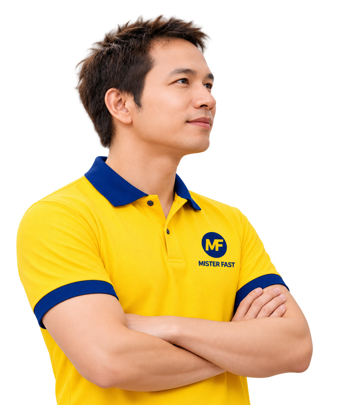 ชายสวมเสื้อ MISTER FAST สีเหลือง